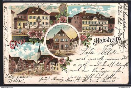 Lithographie Habsheim, Gasthaus zur Krone, Epicerie A. Juncker, Gemeindehaus, Hauptstrasse