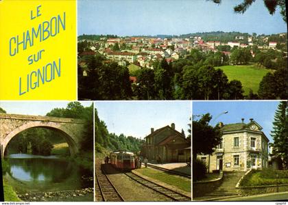 CPSM Le Chambon Sur Lignon Vue Generale Le Pont Le Lignon Le Petit Train et la Gare La Mairie