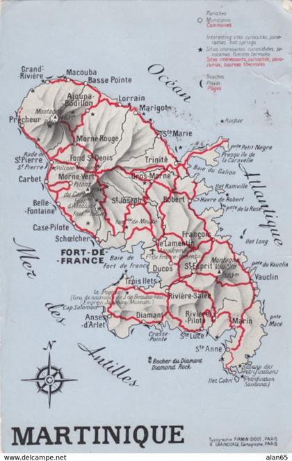 Martinique, Map of French Caribbean Island, Barbados Franking c1950s Vintage Postcard