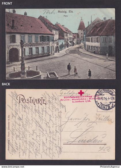 Vintage postcard France Mutzig Molsheim town square WWI Feldpost Red Cross