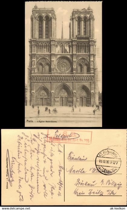 CPA Paris Eglise Notre-Dame 1916   1. Weltkrieg als deutsche Feldpost gelaufen
