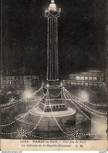 Paris la nuit CPA Une fete de nuit La colonne de la Bastille illuminee