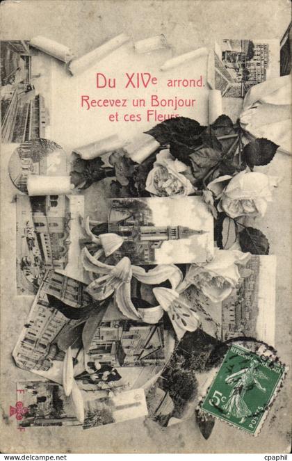 Paris - 14 Mairie du XIV arrondissement - Recevez un Bonjour et ses Fleurs - CPA
