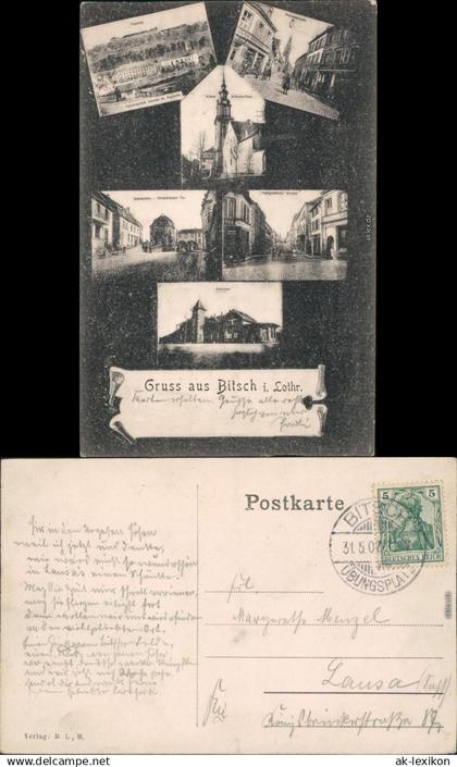Ansichtskarte Bitsch Bitche Mikroskopkarte: Straßen, Plätze, Bahnhof 1908