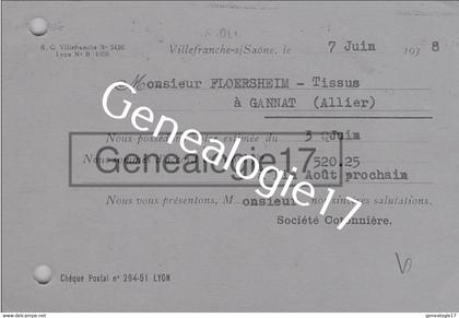 69 4032 VILLEFRANCHE SUR SAONE 1938 Carte Commerciale  SOCIETE COTONNIERE DE VILLEFRANCHE à FLOERSHEIM