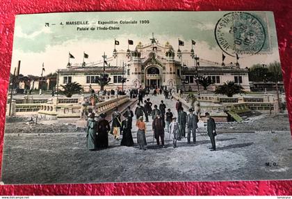 1906-Palais Indochine Cochinchine Vietnam Exposition Coloniale Marseille- Cachet a date Melle Capucines -Carte Postale