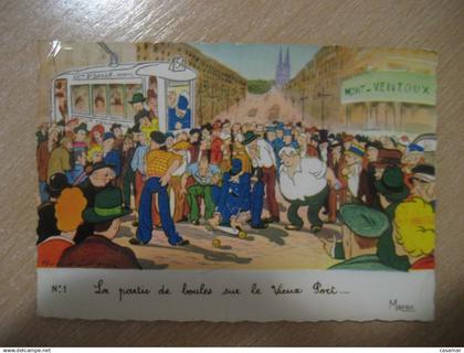 MARSEILLE Partie de Boules Vieux Port Bouches du Rhone tram tramway 1960 to Spain postcard FRANCE