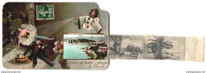 Leporello-CPA Nice, La Promenade au Midi, Le Palais de la Jetée, Allée des Palmiers au Château, Intérieur du Port