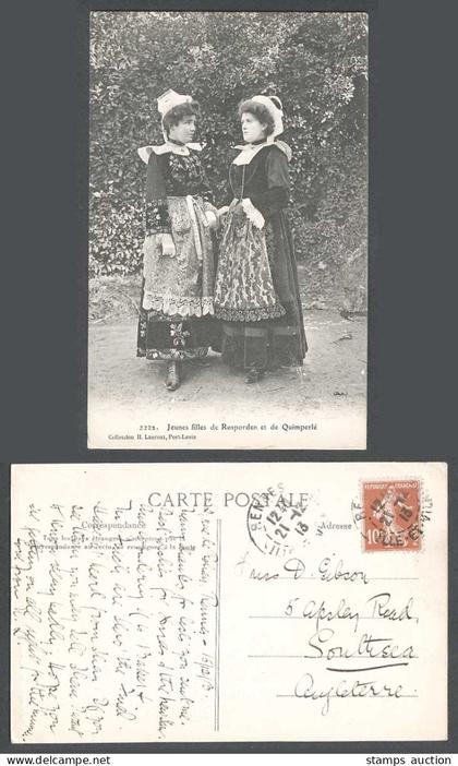France 1913 Old Postcard Jeunes Filles, Young Women Rosporden Quimperle Costumes
