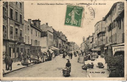 CPA Belleville sur Saone La grande rue et le marche