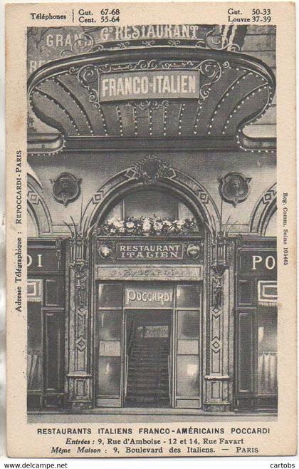 75 PARIS 2e Restaurants Italiens Franco-Américains POCCARDI 12 et 14  Rue Pavart - 9 Rue d'Amboise