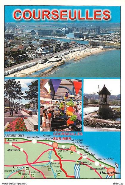 Carte Postale - 14 - Courseulles sur Mer - Multivues - Moulin à vent - Vue aérienne - Carte Géographique - Flamme Postal