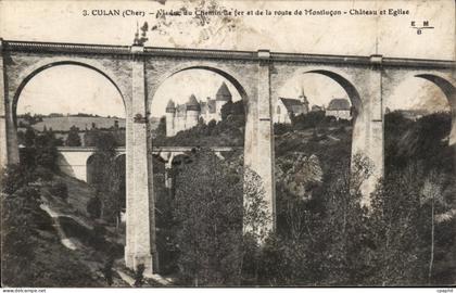 CPA Culan Chemin de fer et de la route de Montlucon Chateau et eglise