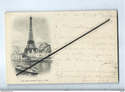 CPA  - Paris - Tour Eiffel - Bateau Mouche (cachet au verso : Sommet de la Tour Eiffel  )