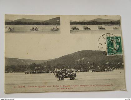VOSGES-EPINAL-3-REVUE DU 14 JUILLET 1913 LACHER DES PIGEONS VOYAGEURS TRANSPORTES SUR UN CAMION AUTOMOBILE DU GENIE