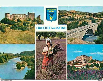 Carte Postale - 04 - Gréoux les Bains - Multivues - Champs de lavande - Folklore - Blasons - Flamme Postale de Gréoux le