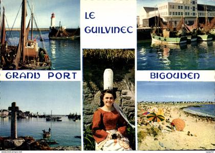 CPM Le Guilvinec Le Port la criee la plage et une jeune fille en costume bigouden Folklore