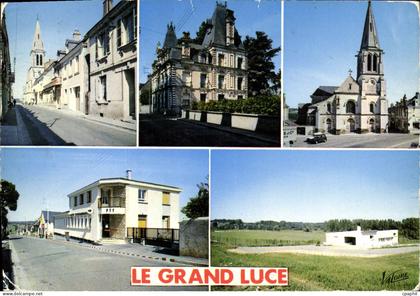 CPSM Le Grand Luce Sarthe La grand rue l'eglise la poste le terrain de sports