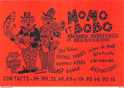 CPM - MORIERES - "BOBO et MOMO" clowns burlesques et musicaux - cirque - (carte de visite format CPM)