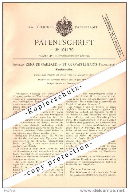 Original Patent - Zénaide Gaillard à Saint-Gervais-les-Bains , 1898 , machine à laver !!!