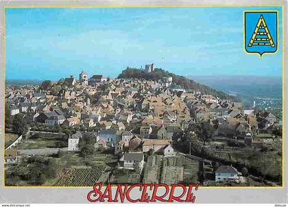 Carte Postale - 18 - Sancerre - Vue Générale aérienne - Blasons - Flamme Postale de Sancerre - Etat léger pli visible -