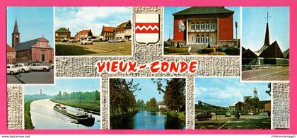 CP Panoramique - Vieux Condé - Multivues - Mines - Mairie - Église - Péniche - Vieilles Voitures - PIERRON - 20,7 x 9 cm