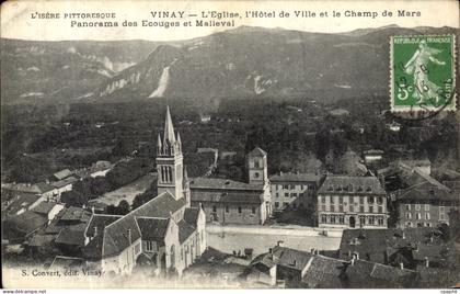 CPA Vinay L Eglise L Hotel de Ville et le Champ de Mars Panorama des Ecouges et Malleval
