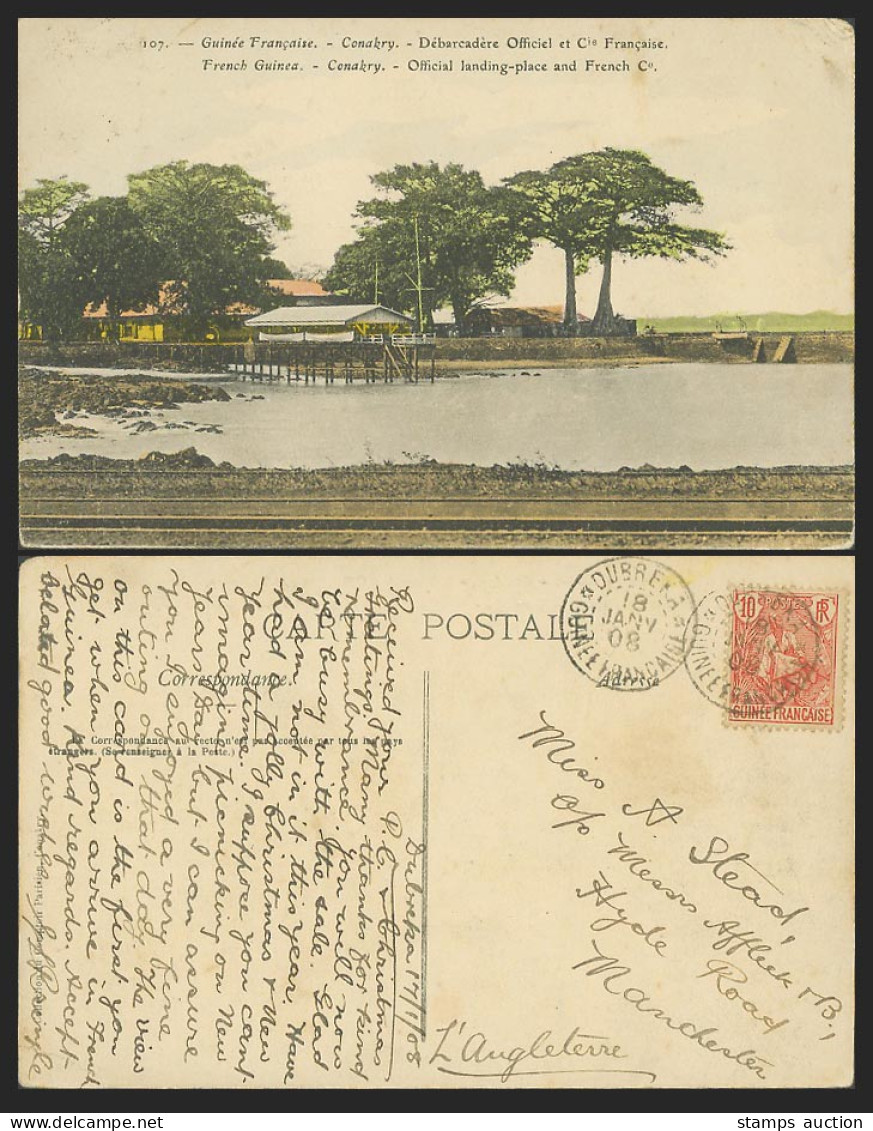 French Guinea 10c 1908 Old Postcard Conakry, Official Landing Place & French Co.