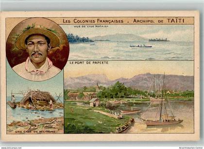 13703763 - Papeete Lile Mataiea Port Hafen Huette Lithographie Werbung Chocolats & The de la Cte Coloniale