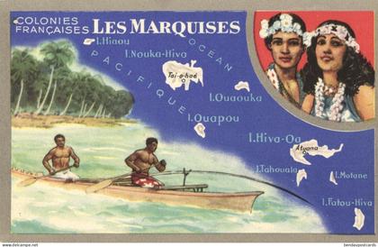 Marquesas Islands, Map, Native People, Canoe (1920s) French Polynesia Trade Card