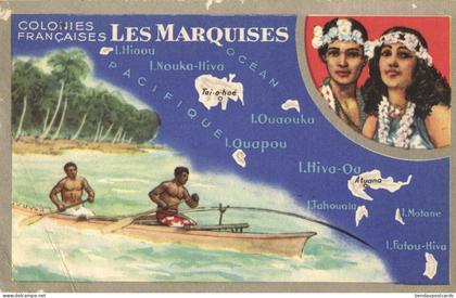 Marquesas Islands, Native People, Canoe (1920s) French Polynesia Map Trade Card