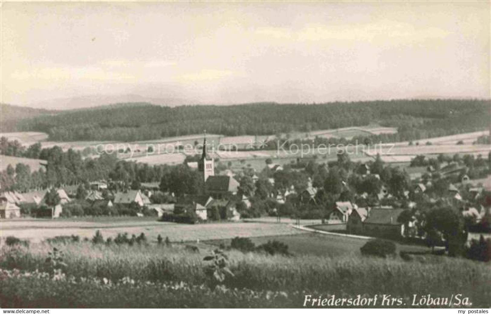Friedersdorf Loebau Oberlausitz Sachsen Dorfpanorama Kirche Wohnhaeuser Felder H