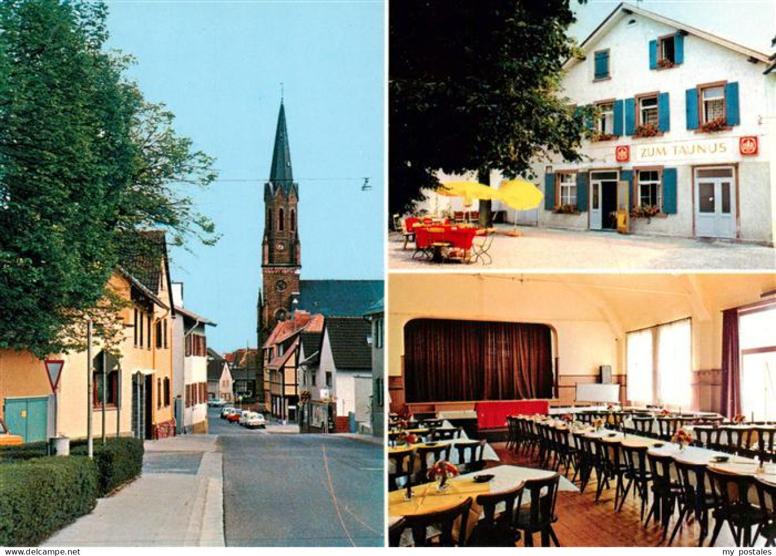 Friedrichsdorf  Taunus Gasthaus zum Taunus Gastraum Strassenpartie mit Kirche
