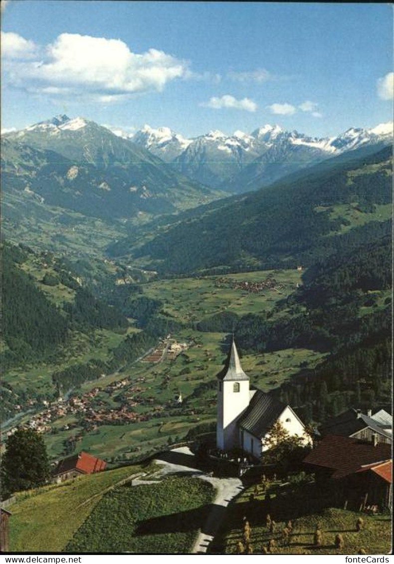 Furna Kirche Panorama mit Jenaz Fideris Silvrettagruppe