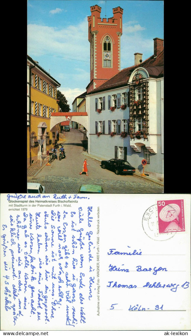 Furth im Wald Stadtteilansicht, Stadtturm, Autos, Jungs auf Motorrad 1979