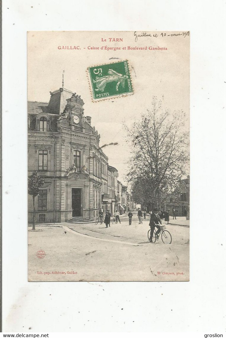 GAILLAC LE TARN LA CAISSE D'EPARGNE ET BOULEVARD GAMBETTA (CYCLISTE ET ANIMATION) 1908