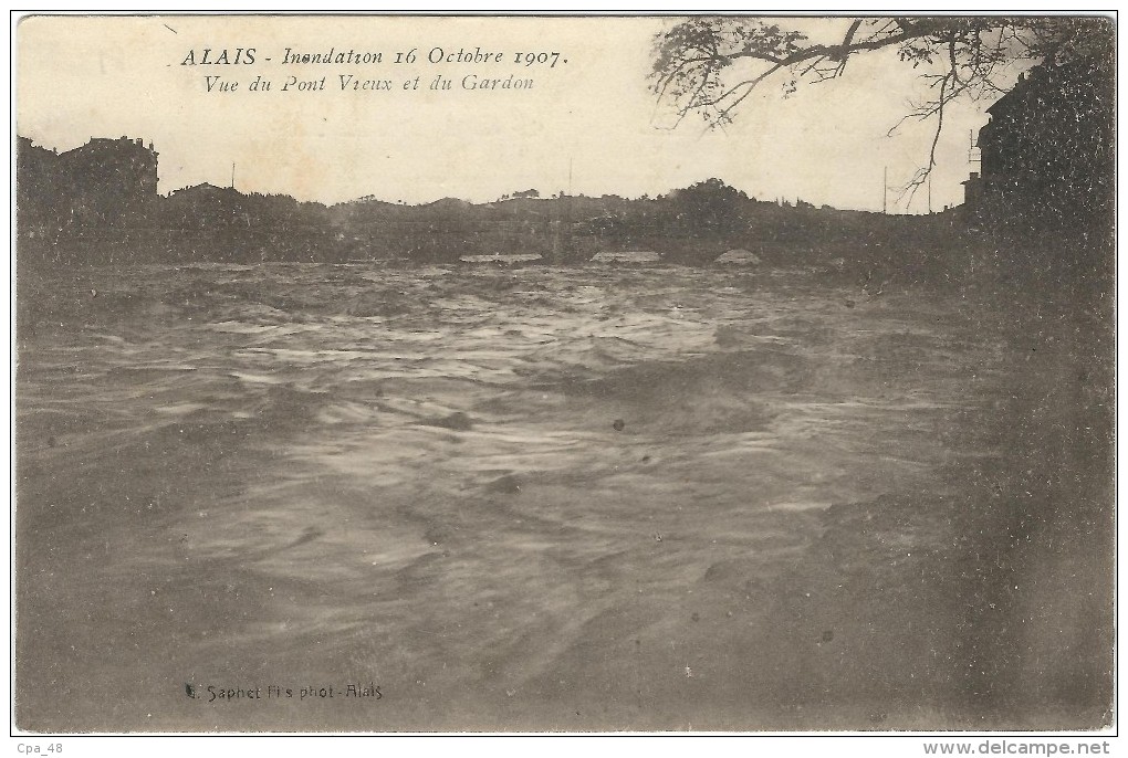 Gard : Alès, Les Inondations d´Octobre 1907, Vue du Pont Vieux et du Gardon