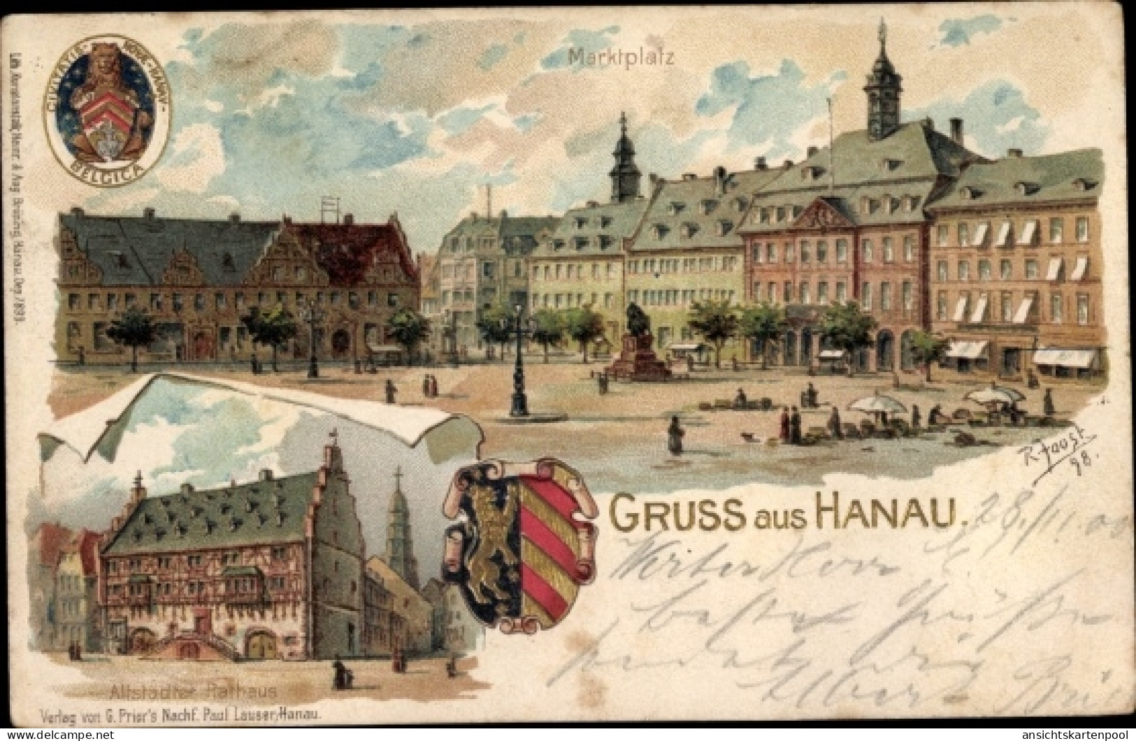 Gaufré Blason Artiste Lithographie Joost, R., Hanau Main Kinzig Kreis, Rathaus, Marktplatz