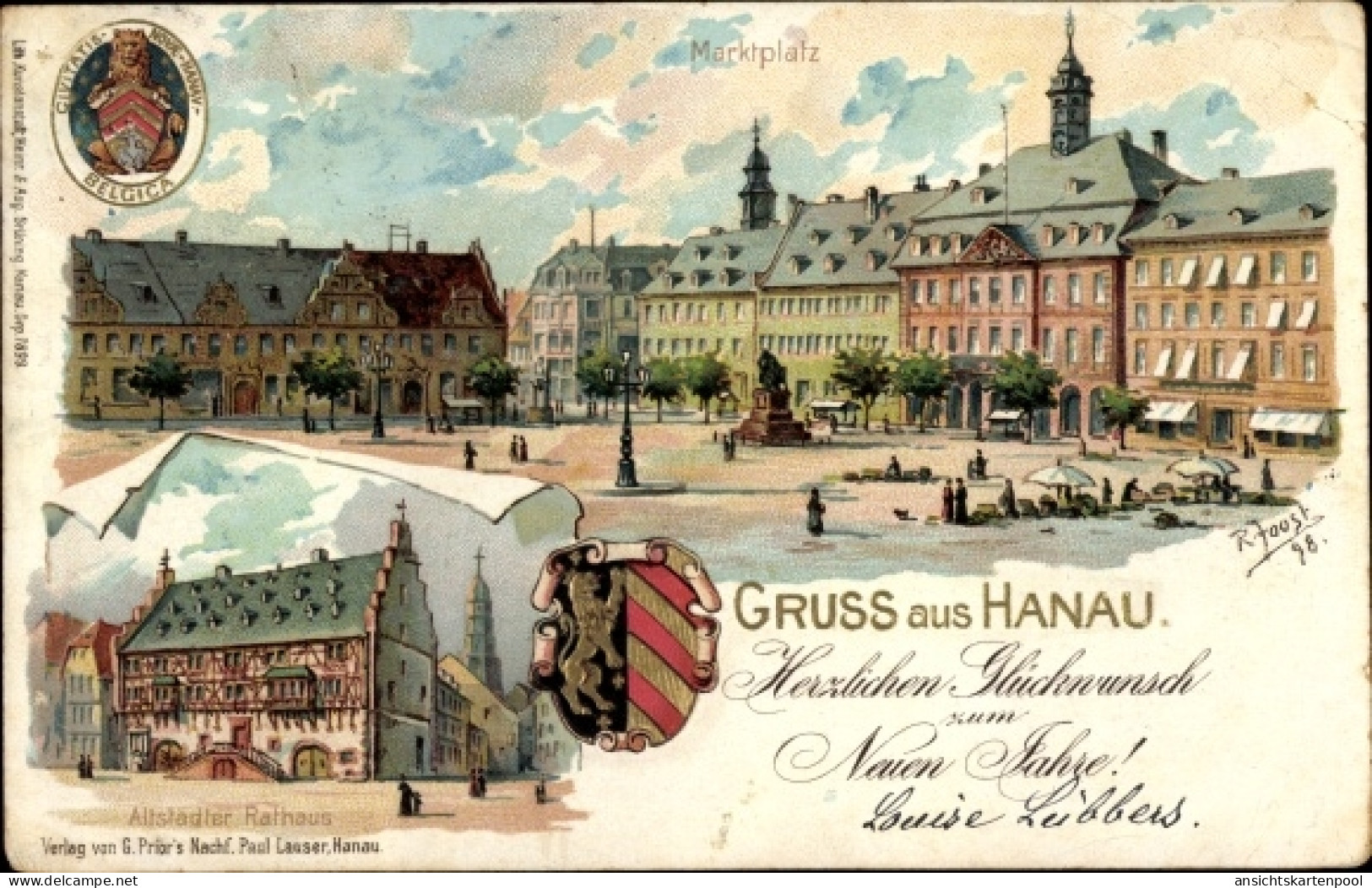 Gaufré Blason Artiste Lithographie Joost, R., Hanau Main Kinzig Kreis, Rathaus, Marktplatz