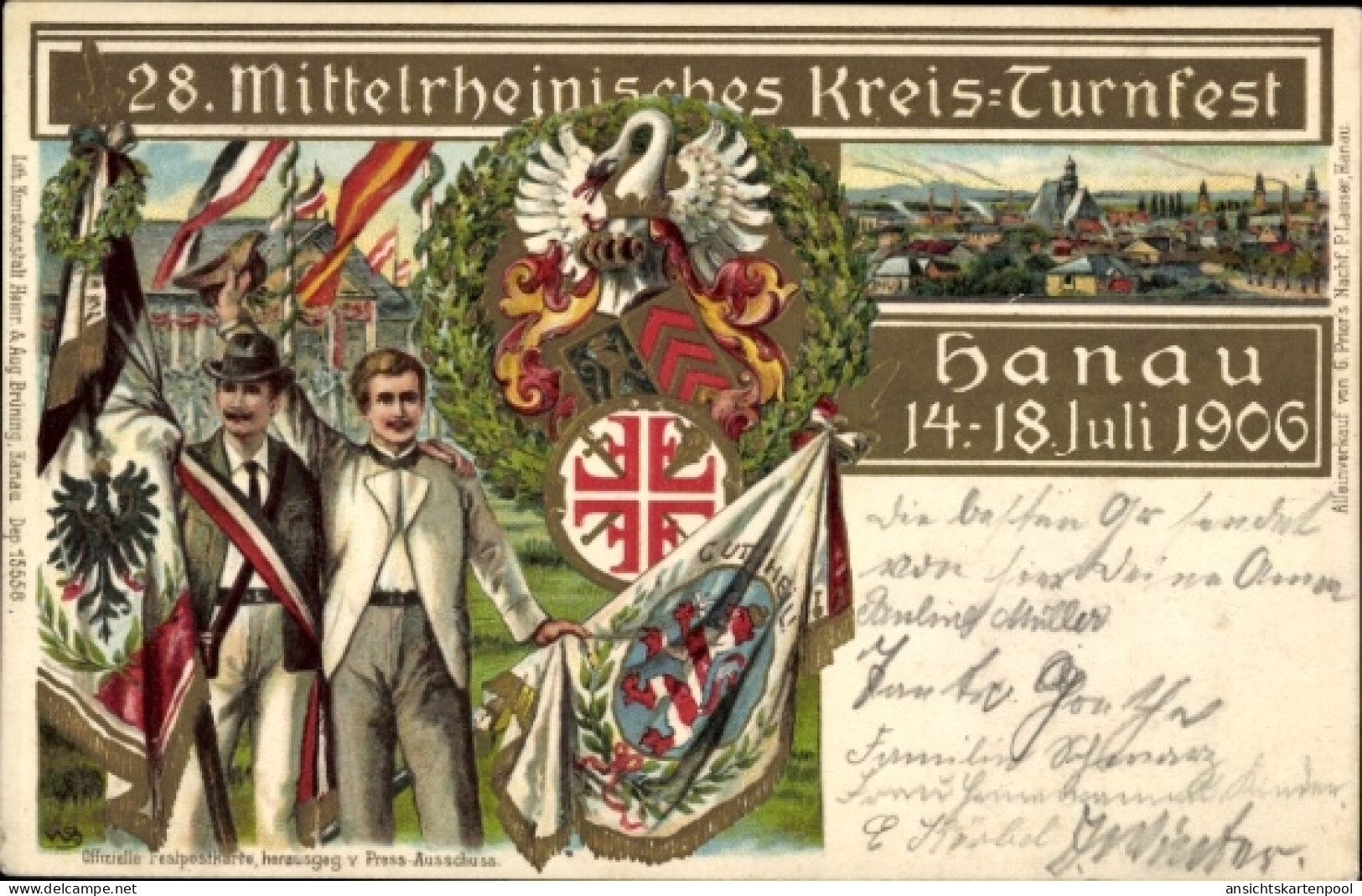 Gaufré Blason Lithographie Hanau im Main Kinzig Kreis Hessen, 28. Mittelrheinisches Kreisturnfest Juli 1906
