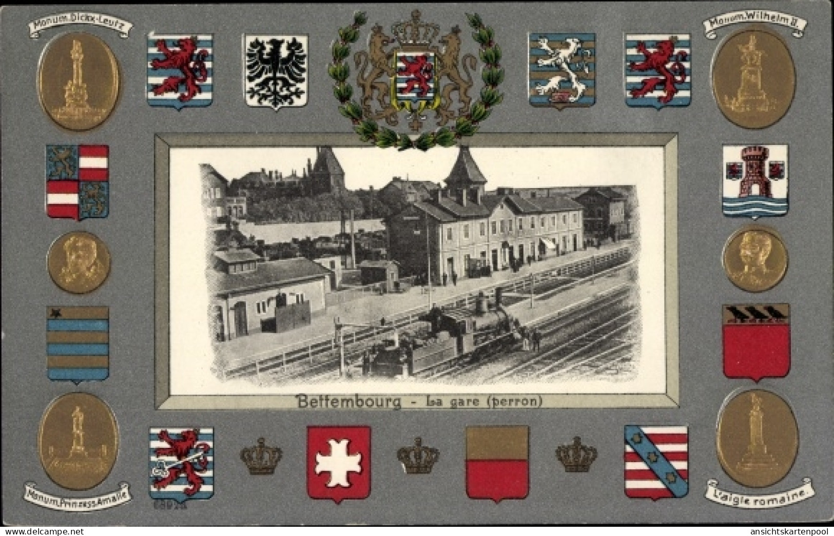 Gaufré Blason Passepartout CPA Bettemburg Bettemburg Luxemburg, Bahnhof