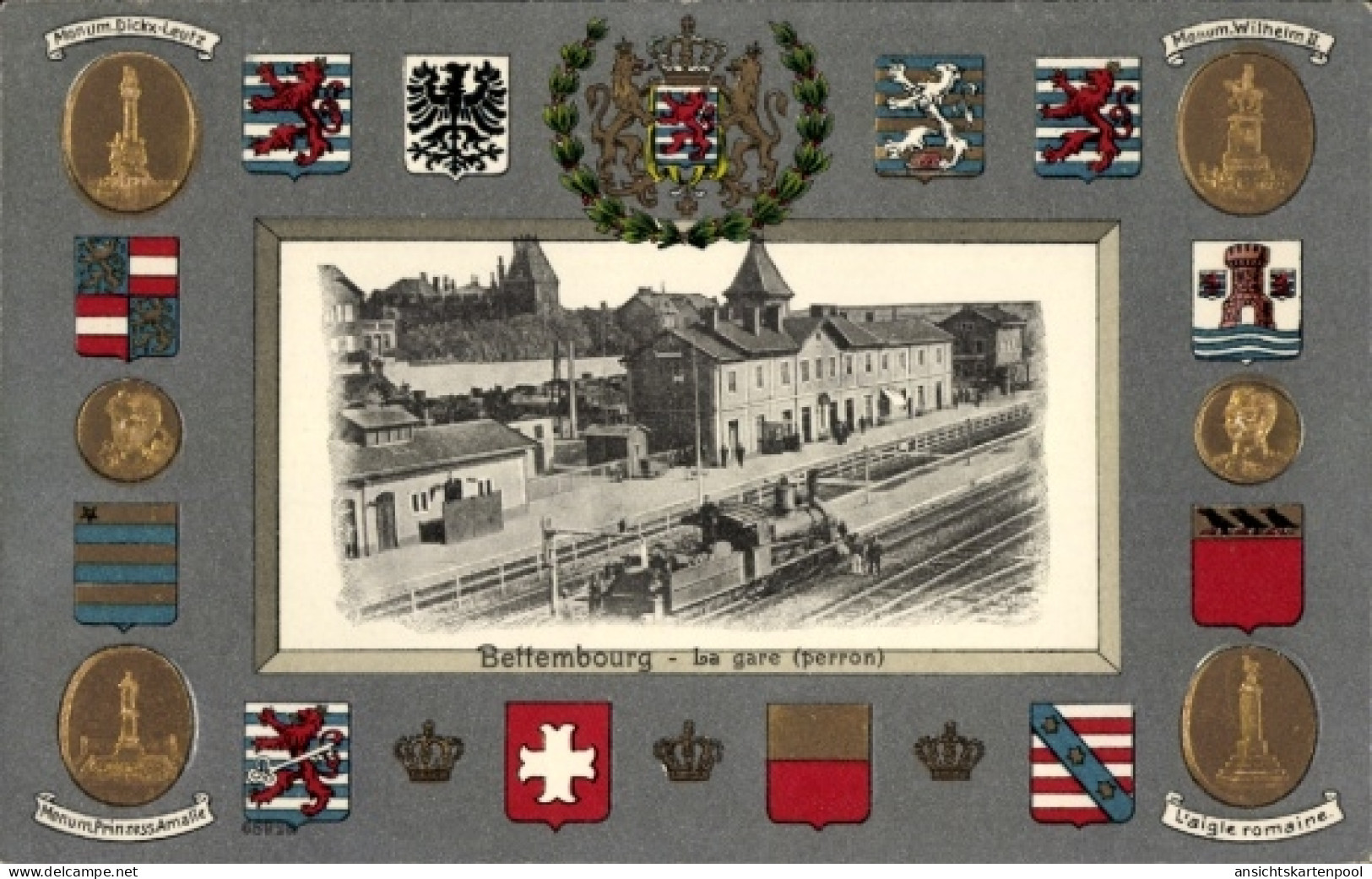 Gaufré Blason Passepartout CPA Bettemburg Bettemburg Luxemburg, Gare, Perron