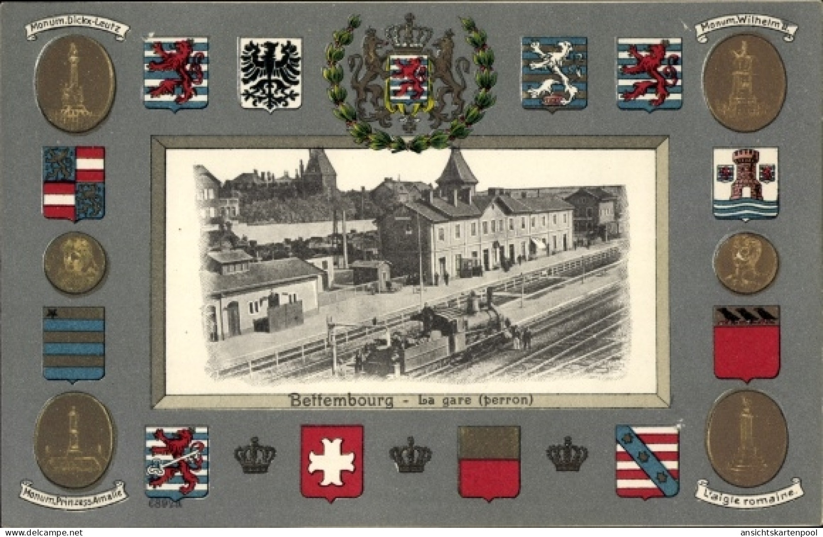 Gaufré Blason Passepartout CPA Bettemburg Bettemburg Luxemburg, Gare, Perron