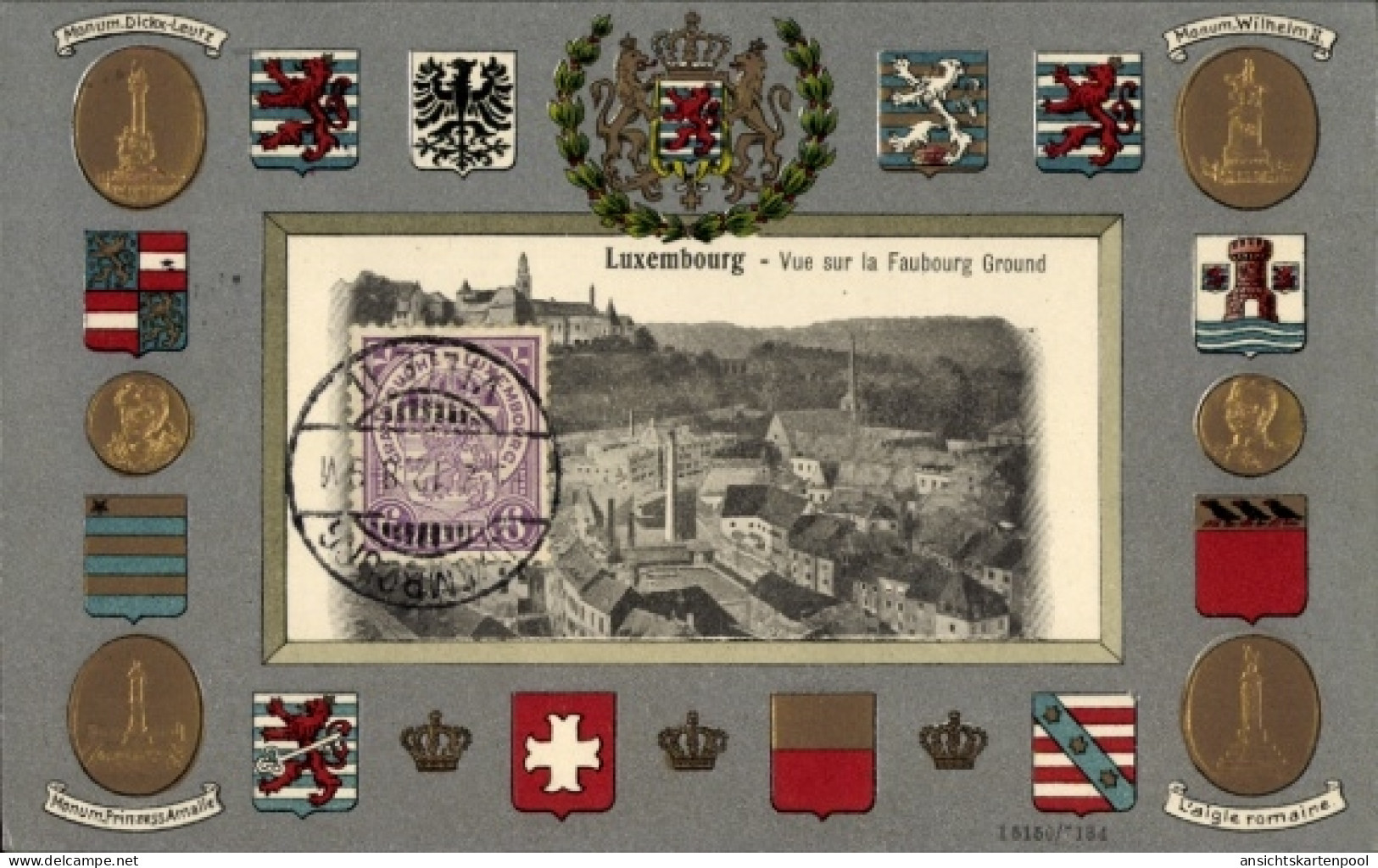 Gaufré Blason Passepartout CPA Luxemburg Stadt, Faubourg Grund