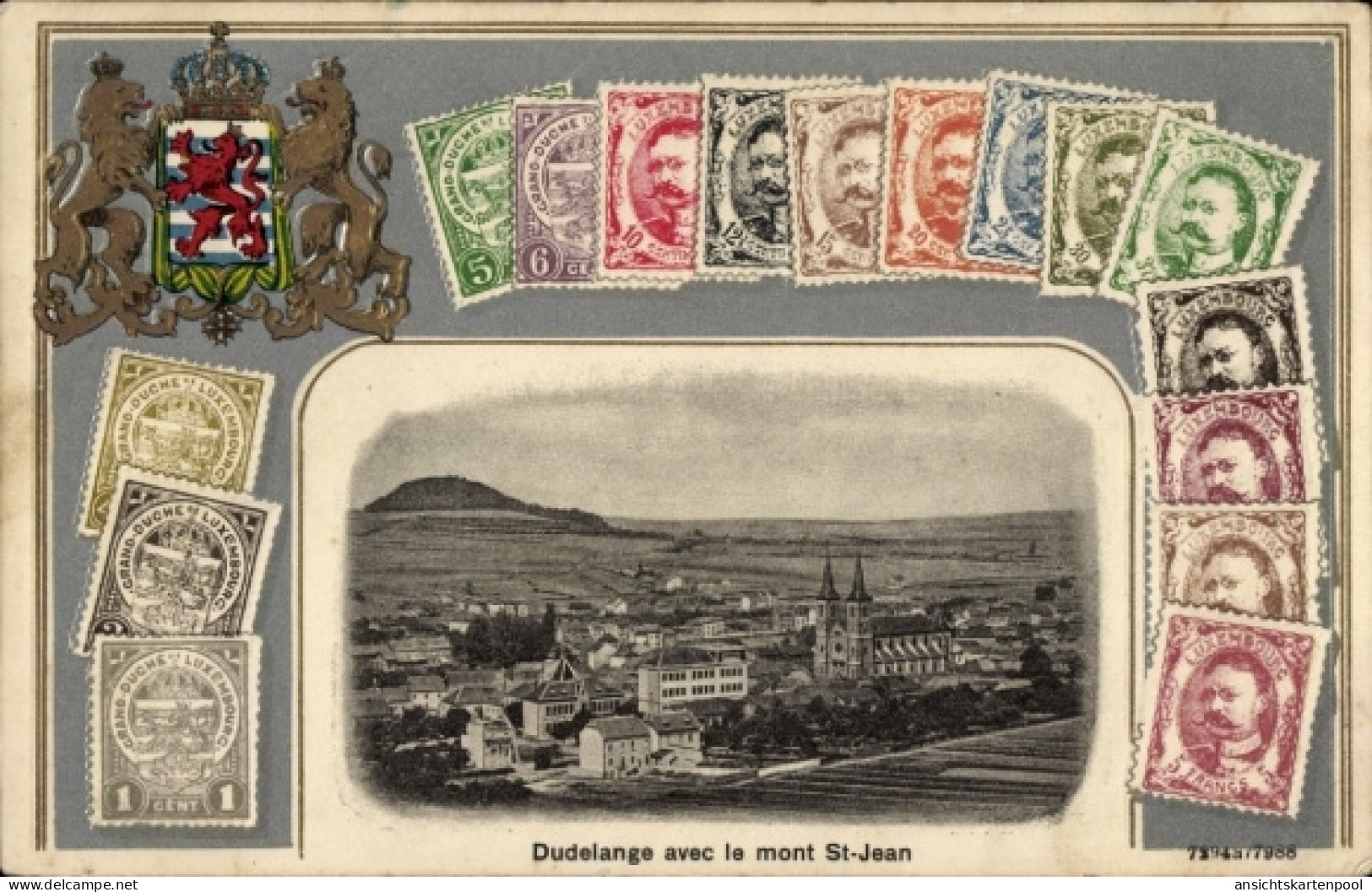 Gaufré Blason Timbres Passepartout CPA Dudelange Düdelingen Luxemburg, Panorama, Mont St Jean