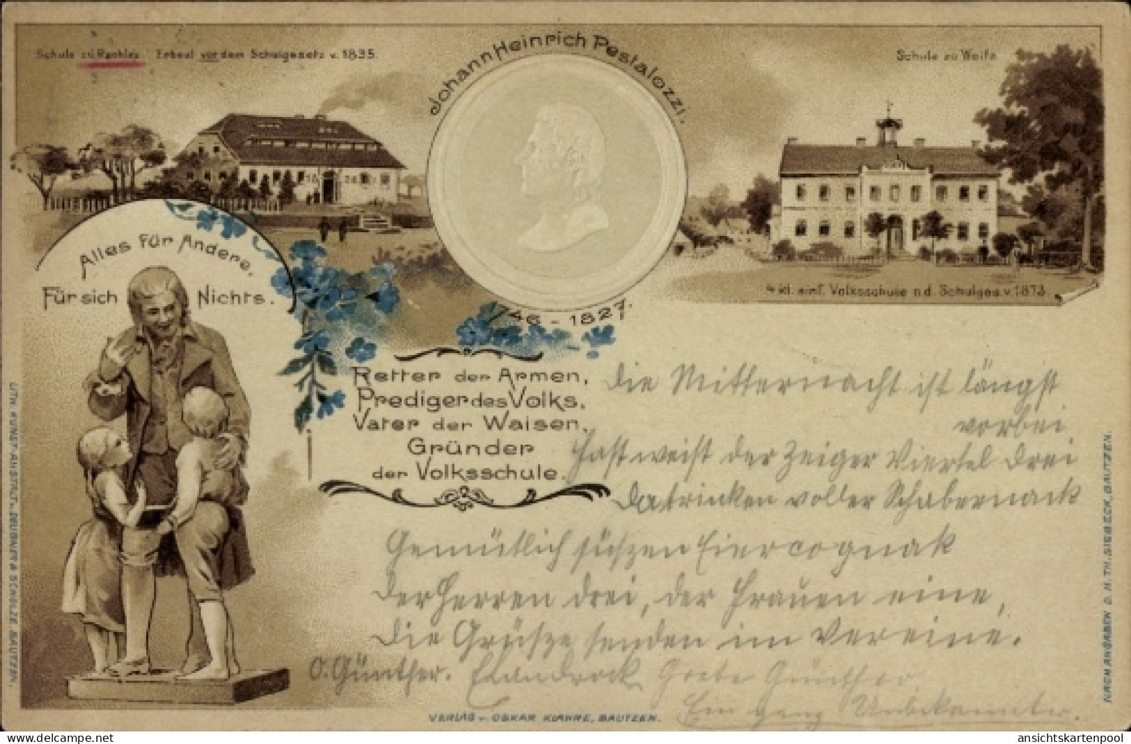 Gaufré Lithographie Rachlau Kubschütz in Sachsen, Johann H. Pestalozzi, Volksschule, Statue