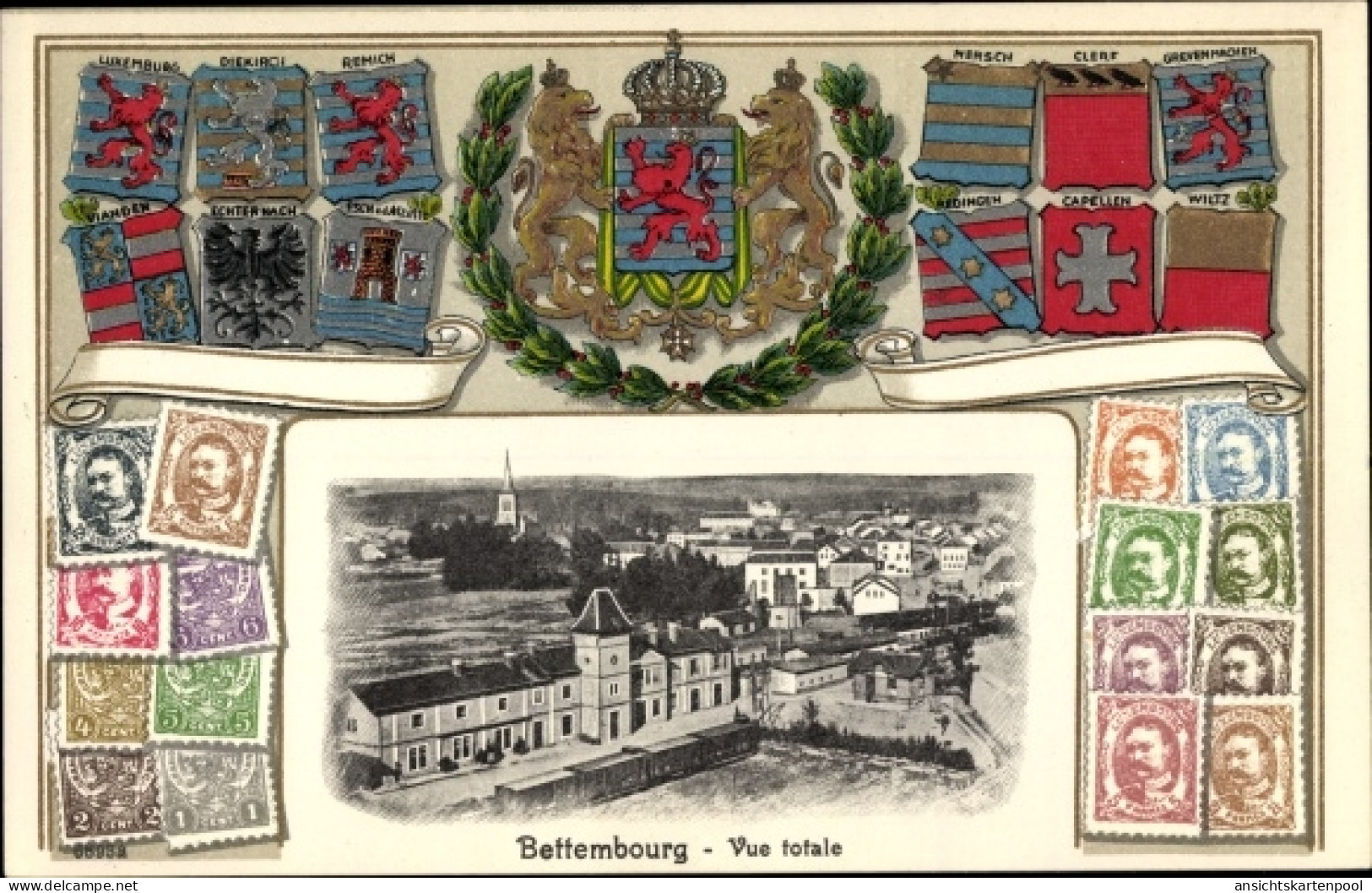 Gaufré Timbres CPA Bettemburg Luxemburg, Vue totale, Bahnhof, Wappen, Diekirch, Remich, Redingen