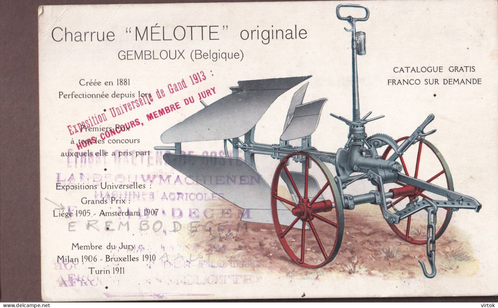 Gembloux : Charrue ' MELOTTE' originale : expo de Gand 1913 ( verdeler  EREMBODEGEM landbouwmachines ...................
