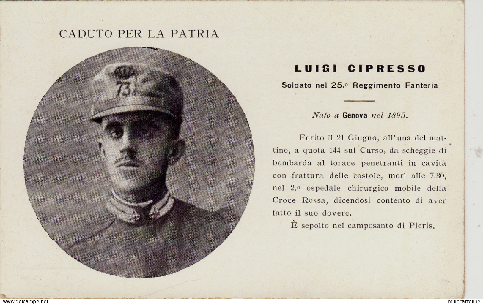 #GENOVA: LUIGI CIPRESSO- CADUTO PER LA PATRIA- nato a Genova 1893..