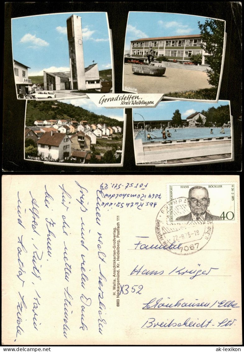 Geradstetten Mehrbildkarte mit Kirche, Schule, Wohnviertel und Schwimmbad 1975